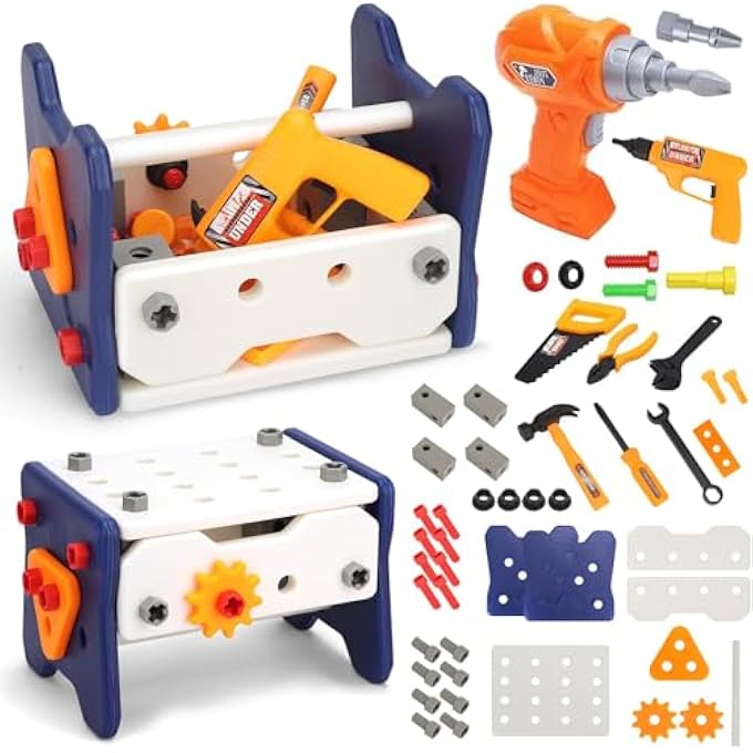 KIDS TOOL SET WITH ELECTRIC DRILL, 58 PCS TODDLER PLAY TOOLS SET, EDUCATIONAL TOYS FOR 3+ YEAR OLD, TODDLER TAKE APART CONSTRUCTION REAL TOYS, BIRTHDAY CHRISTMAS DAY GIFTS FOR BOY GIRL - Image 1