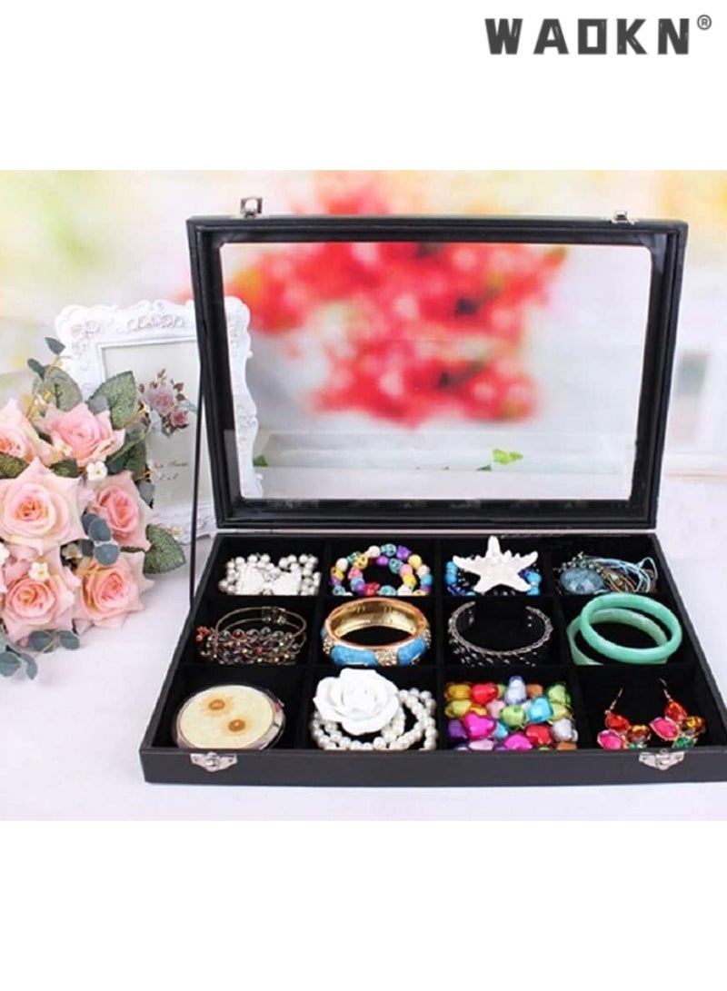 WAOKN Removable Jewelry Tray Showcase Display, Stackable for Earrings, Brooches, Buttons, Rings, and Necklaces, Elegant Black Velvet Organizer with 12 Grids, Ideal for Storage and Travel - Image 2