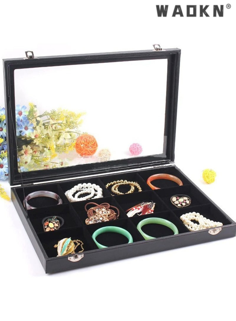 WAOKN Removable Jewelry Tray Showcase Display, Stackable for Earrings, Brooches, Buttons, Rings, and Necklaces, Elegant Black Velvet Organizer with 12 Grids, Ideal for Storage and Travel - Image 1