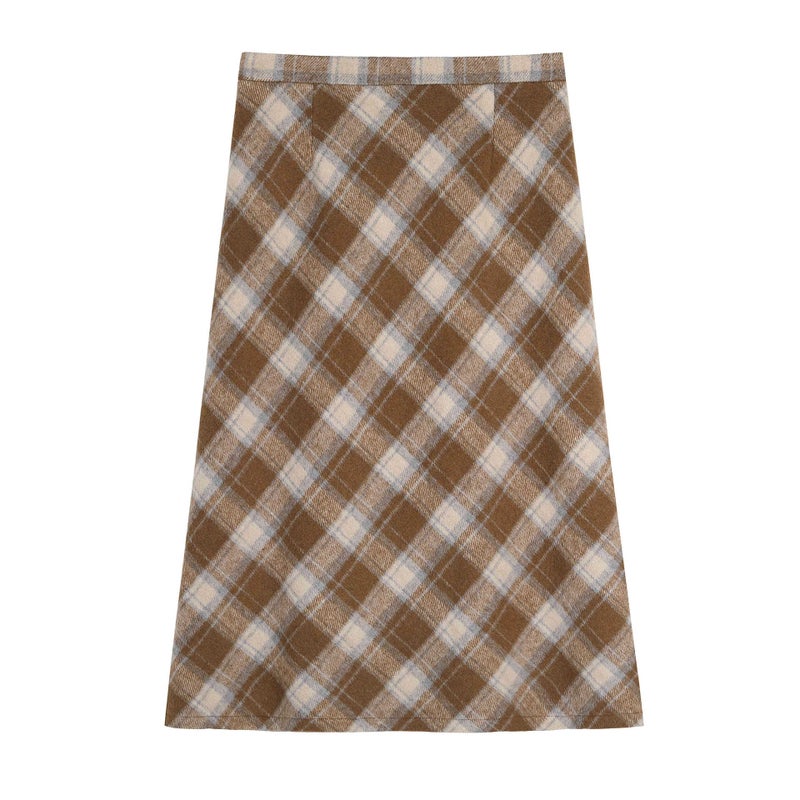 Winter Woolen A-Line Plaid Midi Skirt Plus Size Coffee color  - Image 1