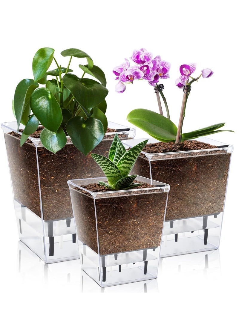 سيوسي Self Watering Pots Set 3 Packs 5/4.1/2.7 Inch Self Watering Pots for Indoor Plants Clear Planter Pot with Deep Reservoir for Plant - Image 1