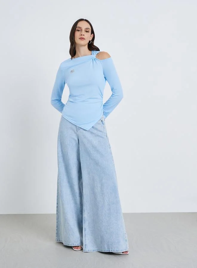 Styli Women Blue Asymmetric Hem Long Sleeve Top