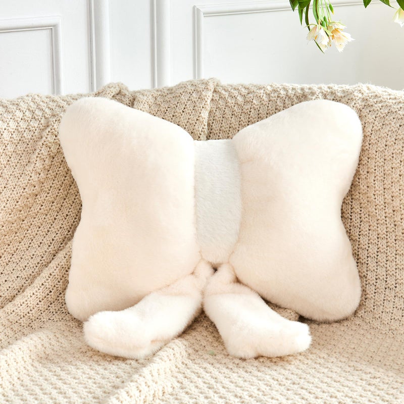 XVTRU Ivory Bow Pillow  Soft Bow Decorative Pillows with Faux Rabbit Fur  Cute 16"" Bow Throw Pillows  Aesthetic Home Decor Bow Shaped Plush Pillow for Bedroom Sofa Couch - Image 1