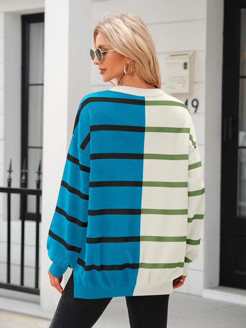 Fisoew Womens Striped Pullover Sweater Crew Neck Long Sleeve Knitted Color Block Casual Loose Lightweight Sweaters for Women Blue - Image 4