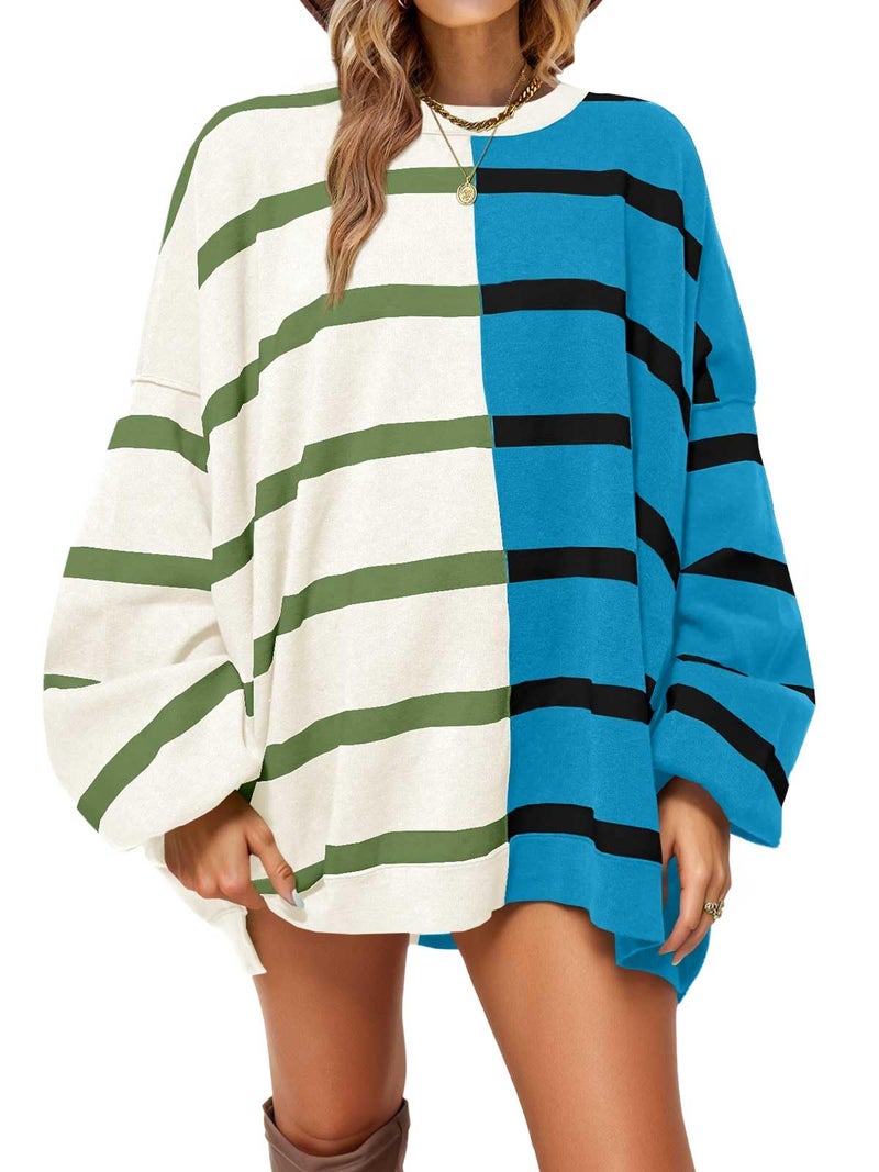 Fisoew Womens Striped Pullover Sweater Crew Neck Long Sleeve Knitted Color Block Casual Loose Lightweight Sweaters for Women Blue - Image 1