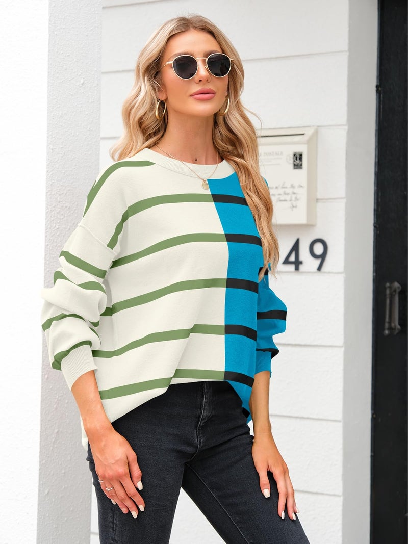 Fisoew Womens Striped Pullover Sweater Crew Neck Long Sleeve Knitted Color Block Casual Loose Lightweight Sweaters for Women Blue - Image 3