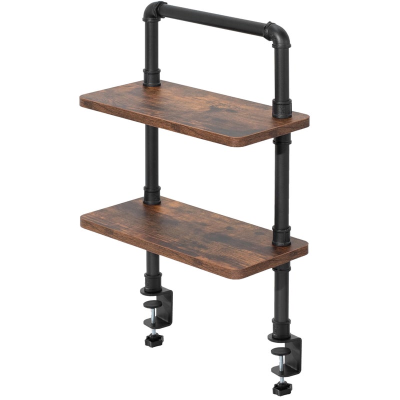 vivo VIVO Clampon Premium 16 inch Industrial Pipe 2Tier Tabletop Shelving Heavy Duty Desk Extension Organizer Modern Desktop Display Shelf Rustic Vintage Brown Shelves DESKSHELF162N 
