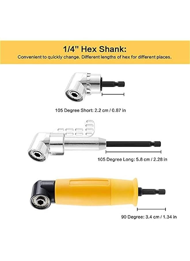 90/105 Degree Right Angle Drill, 3 PCS Angle Extension Power Drill Attachment with 1/4'' Hex Impact Shank, Flexible Shaft Adapter, Magnetic Socket Angled Drill Bit Holder for Screwdrivers, Drill