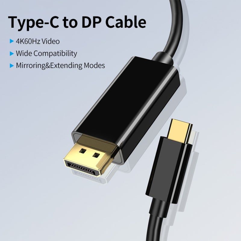 كابل Type C إلى DP: أسود بطول 1.8 متر، دقة عالية 4K بتردد 60 هرتز - وضعان للعرض، واجهات مطلية بالذهب لاتصال مستقر، توصيل وتشغيل لعكس الشاشة للمكتب المنزلي والترفيه - Image 2