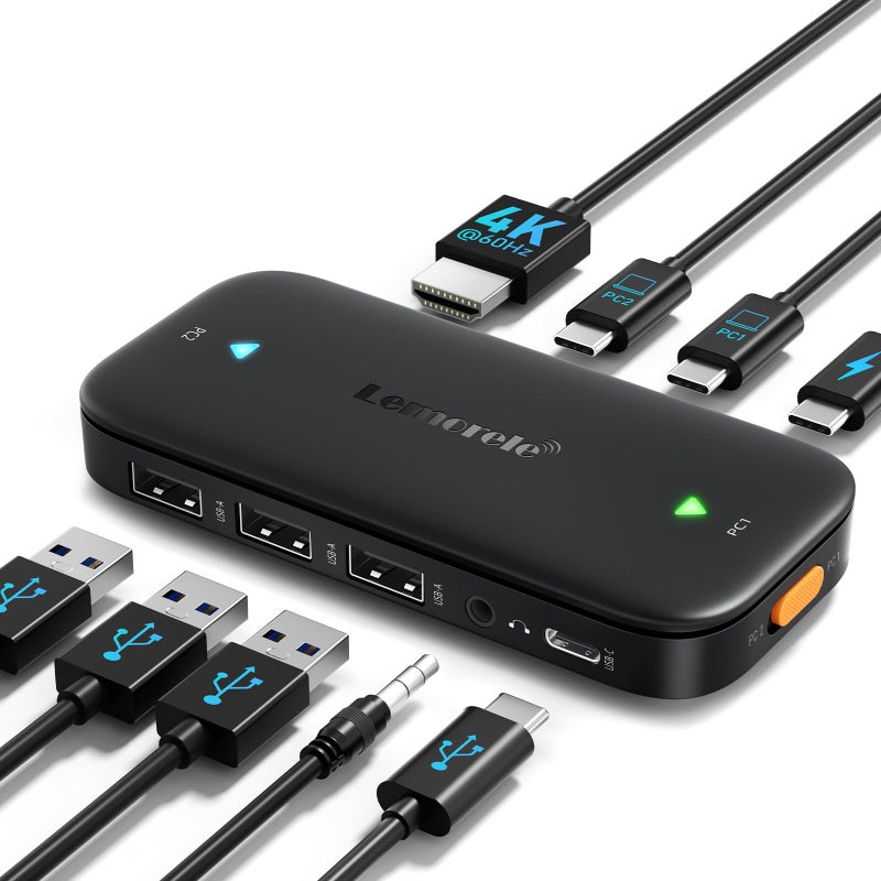 Lemorele USB C KVM Switch, 2 Computer Sharing 4K@60Hz HDMI Monitor, 100W PD Fast Charging, 3Ã—USB-A 2.0 + 1Ã—USB-C 2.0 Data Ports, 3.5mm Audio for Windows/Mac/Linux - Image 1