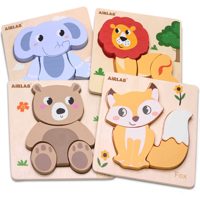 Airlab Wooden Puzzles for Toddlers 1 2 3 Year Old Animals Shape Puzzle Toys for Travel Airplane Gift for Kids Montessori Early Development Gifts for Baby Boys Girls with Drawstring Bag Pack of 4 - Image 1