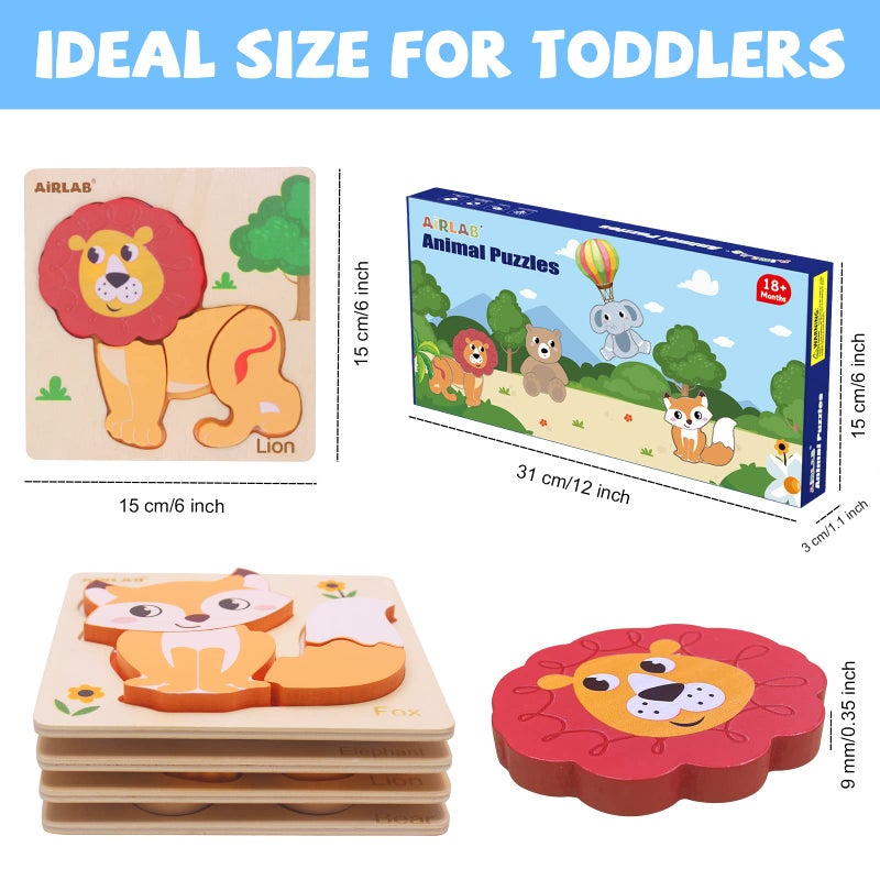 Airlab Wooden Puzzles for Toddlers 1 2 3 Year Old Animals Shape Puzzle Toys for Travel Airplane Gift for Kids Montessori Early Development Gifts for Baby Boys Girls with Drawstring Bag Pack of 4 - Image 4