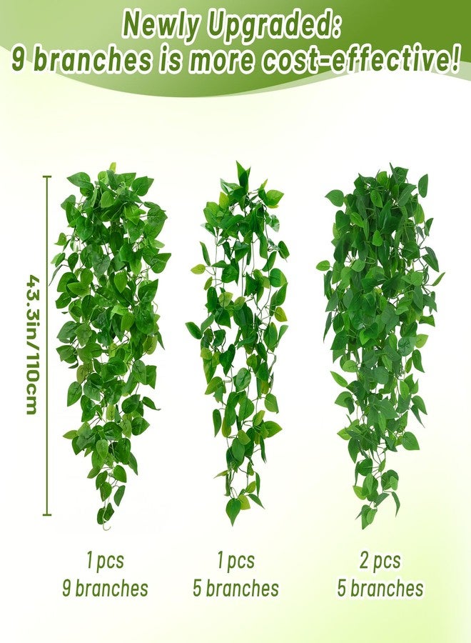 BLEUM CADE 43.3" Fake Hanging Plants, 2 Pcs 9 Fork Lush Faux Pothos Vines Artificial Hanging Plant for Home Room Wall Shelf Porch Outdoor Indoor Decor (No Baskets) - Image 2