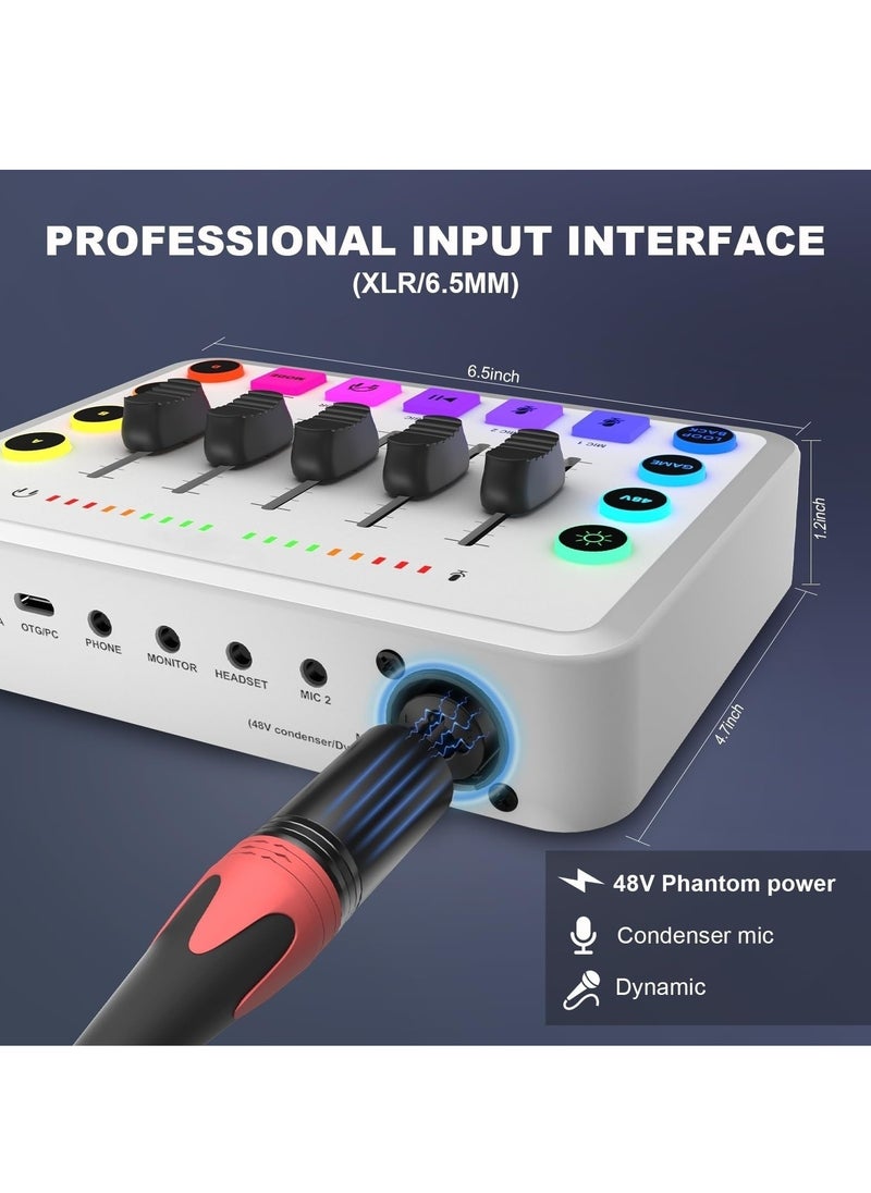 Gaming Audio Mixer, Live Streaming Sound Card RGB PC DJ Mixer with Individual Control, 48V Phantom Power, Sound Board Audio Interface for PC Phone, Podcast Equipment Bundle for Recording Youtube