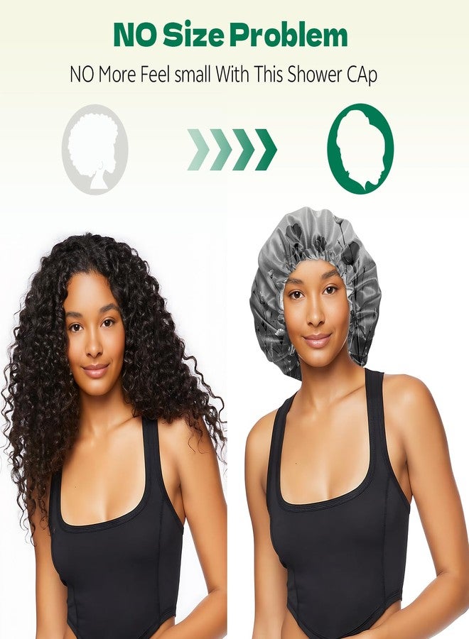 BHAHB 2 PCS Shower Cap Waterproof Double Layer Elastic Adjustable Reusable Hair Bath Caps for Girls Women Cute Aesthetic-Black Grey - Image 5