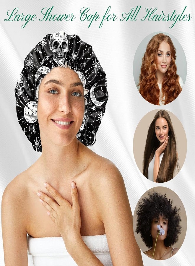 BHAHB 2 PCS Shower Cap Waterproof Double Layer Elastic Adjustable Reusable Hair Bath Caps for Girls Women Cute Aesthetic-Black Grey - Image 4