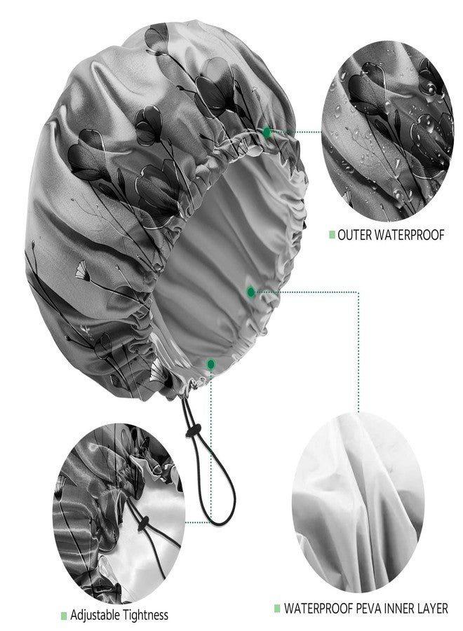 BHAHB 2 PCS Shower Cap Waterproof Double Layer Elastic Adjustable Reusable Hair Bath Caps for Girls Women Cute Aesthetic-Black Grey - Image 3