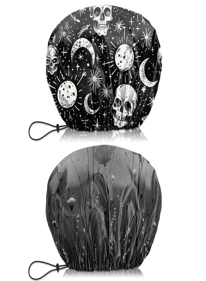 BHAHB 2 PCS Shower Cap Waterproof Double Layer Elastic Adjustable Reusable Hair Bath Caps for Girls Women Cute Aesthetic-Black Grey - Image 1