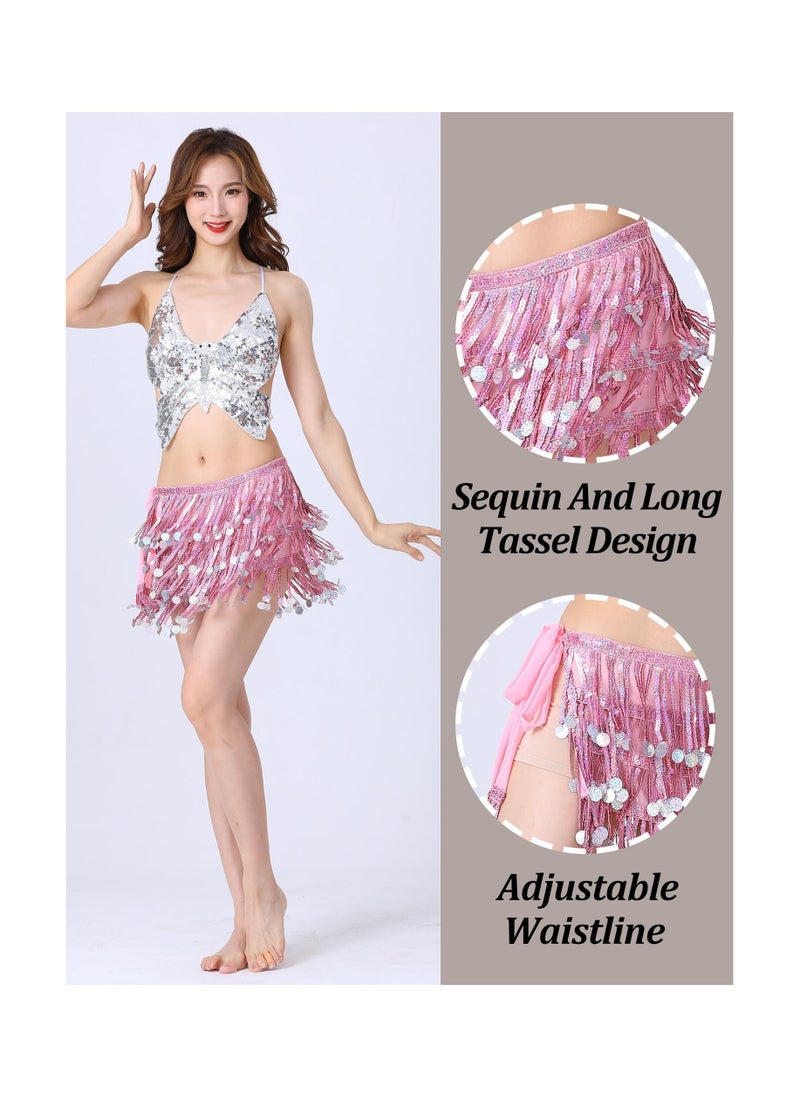 SYOSI Womens Belly Dance Hip Scarf Tassel Skirt Fringe Wrap Rave Sequin for Costume Zumba Yoga Class Performance  - Image 2