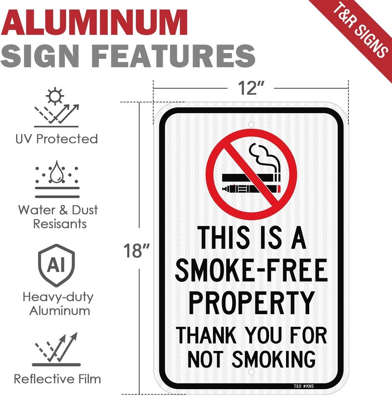 TR Large No Smoking Sign, Thank You For Not Smoking Sign, 18" x 12" Engineer Grade Reflective Sheeting, Rust Free Aluminum, Weather Resistant, Waterproof, Fade Resistant, 2 Pre-drilled Holes - Image 2