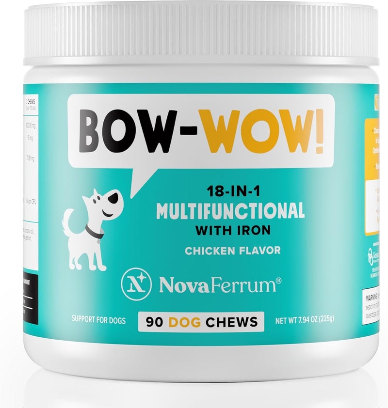 NovaFerrum Bow Wow | 18-in-1 Multifunctional with Iron Supplement for Dogs | Blood Support for Anemia | Glucosamine | Probiotics | Antioxidants | Chicken Flavor | 90 Chews - Image 1
