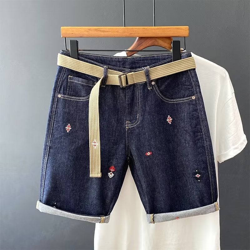 2024 Summer Denim Shorts Mens Trendy Brand Ins Trousers Korean Style Trendy Primary Color Slim-Fit Jeans Dark blue 