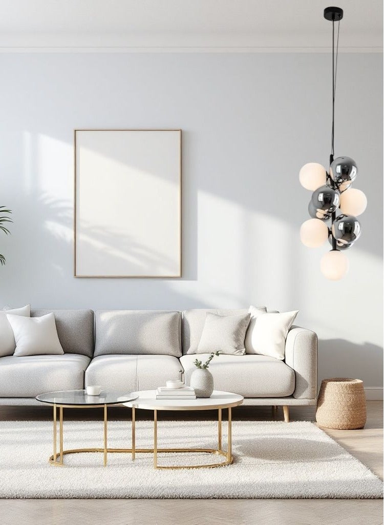Hanging chandelier, black frame, white top with gray, 6 bulbs  - Image 3