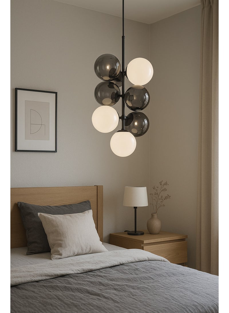 Hanging chandelier, black frame, white top with gray, 6 bulbs  - Image 2