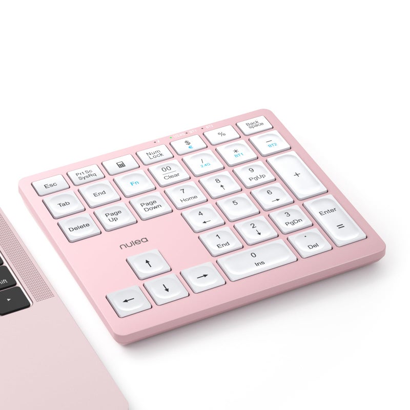 Nulea Wireless Number Pad Bluetooth 5.0 & 2.4G Portable Numeric Keyboard, USB-C Rechargeable, 34-Keys Bluetooth Keyboard for Data Entry (Pink) - Image 1