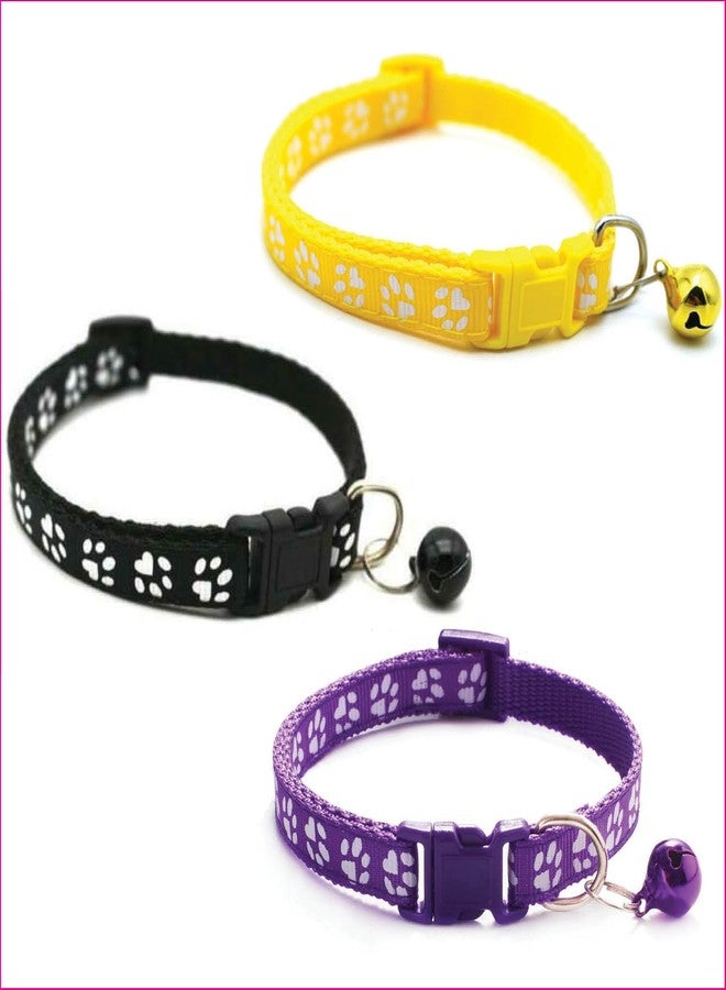 Litvibes Cat Collars Set of 3 with Bell,Kitten & Small Soft Adjustable Collar Safe,Solid Breakaway for Cats & Puppies,Cute Kitty Neckband with Paw Print- (Black,Yellow,Purple) - Image 1
