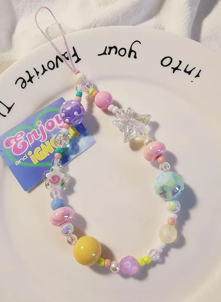 1pc mobile phone chain with cute star flower heart beaded mobile phone case pendant beaded mobile phone lanyard wristband anti-lost mobile phone strap bracelet keychain pendant  - Image 2