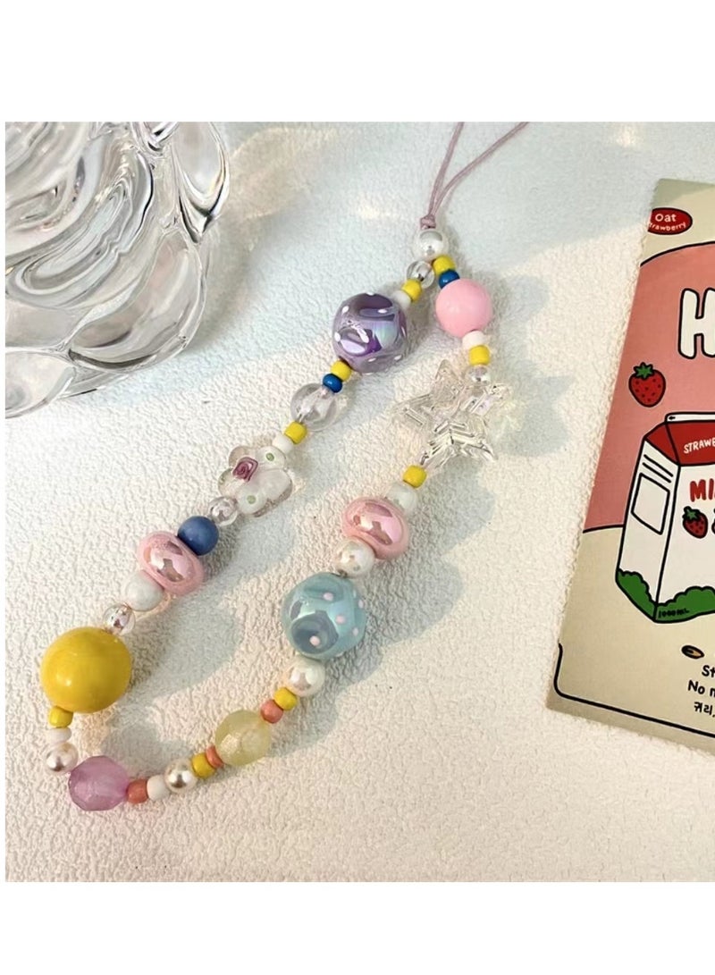 1pc mobile phone chain with cute star flower heart beaded mobile phone case pendant beaded mobile phone lanyard wristband anti-lost mobile phone strap bracelet keychain pendant  - Image 1