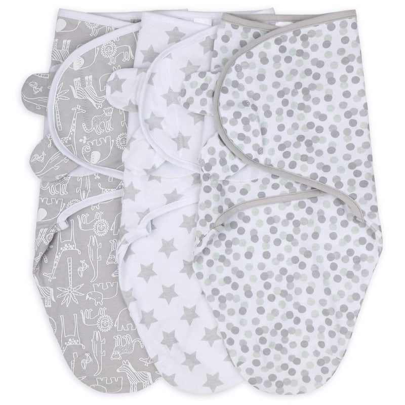The Peanutshell Baby Swaddle Blankets for Boys or Girls Grey Safari Animals  Stars 3 Pack Wrap Set MediumLarge