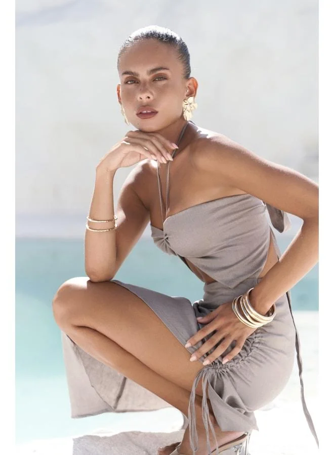 Abrossa Neck-Tie Asymmetric Smoked Linen Dress.