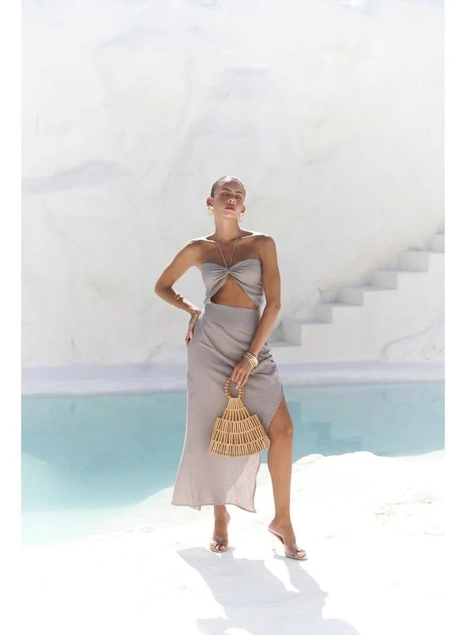 Bohemai  Abrossa Neck-Tie Asymmetric Smoked Linen Dress. for Women | Best Price UAE