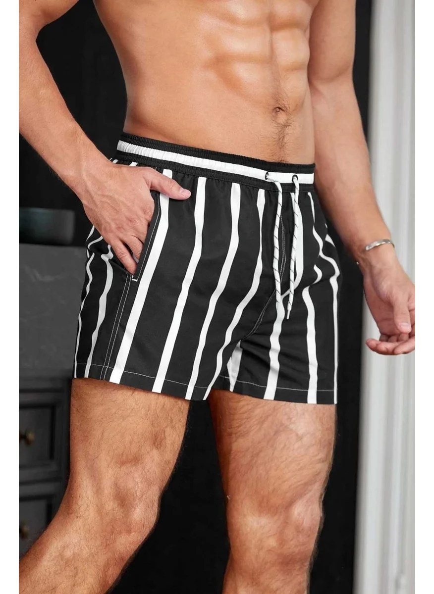 Angelsin Men's Basic Standard Size Striped Printed Swimsuit with Pockets Swim Shorts