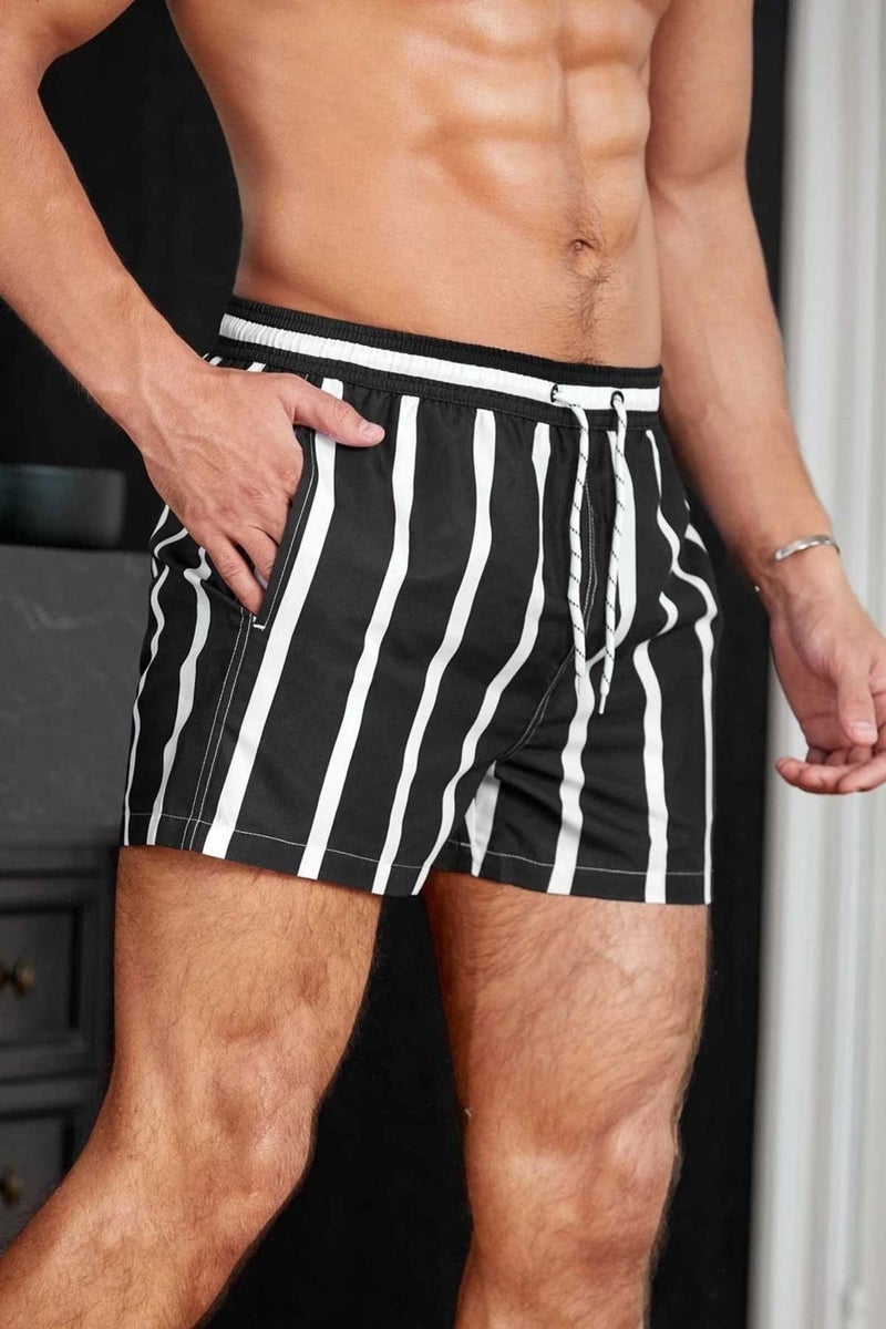 Angelsin Men's Basic Standard Size Striped Printed Swimsuit with Pockets Swim Shorts  - Image 1