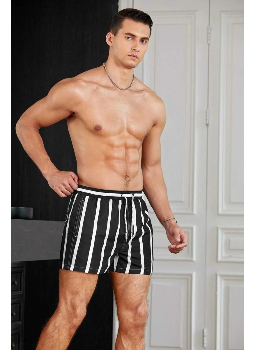 Angelsin Men's Basic Standard Size Striped Printed Swimsuit with Pockets Swim Shorts