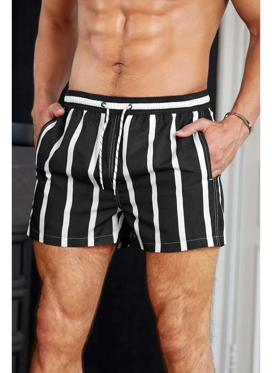 Angelsin Men's Basic Standard Size Striped Printed Swimsuit with Pockets Swim Shorts