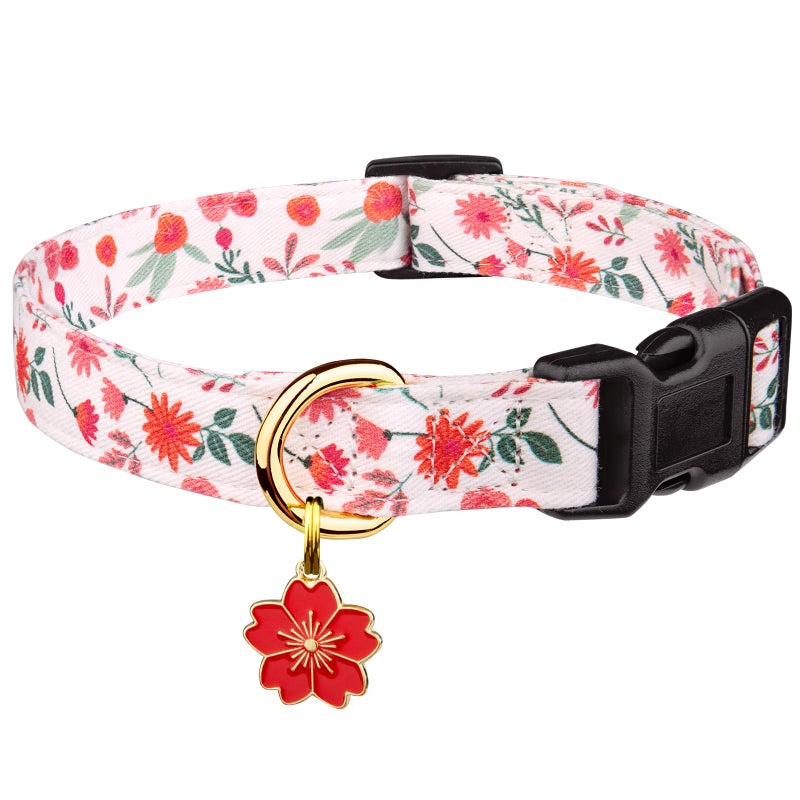FYEQYAOU Cotton Handmade Dog Collar Cute and Distinctive Patterns Red and White Flower with Pendant for Girl Boy Dogs Collars S - Image 1