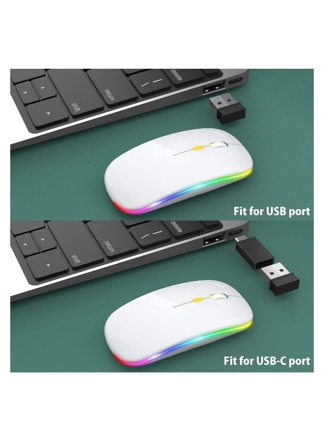 Rechargeable Wireless LED Mouse, Slim Silent Design, 2.4G Portable Optical Mouse with USB & Type-C Receiver, 3 Adjustable DPI for Laptop, PC, Notebook, Desktop (White) - Image 1