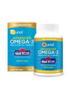 Qunol Advanced Omega 3 Krill and Fish Oil Complex, 10x Better Bioavailability, One Pill Dose, 250mg EPA & DHA, Supports Brain, Eye, Heart and Joint Health, 60 Count