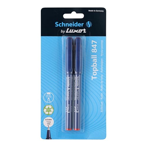 Luxor Schneider Topball 847 Roller Ball Pen - Red| Pack of 2 | 0.5mm Conical Tip | Eco-friendly| Cap Off 2-3 Days - Image 1