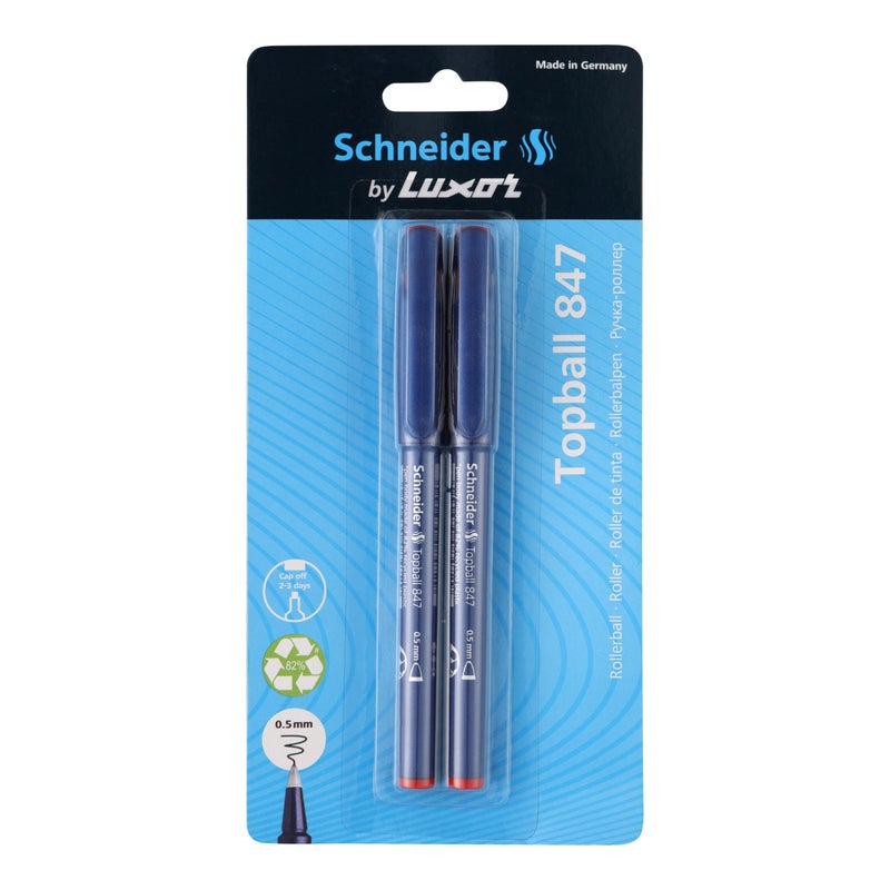 Luxor Schneider Topball 847 Roller Ball Pen - Red| Pack of 2 | 0.5mm Conical Tip | Eco-friendly| Cap Off 2-3 Days - Image 4