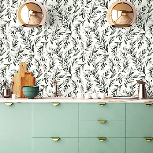 Livebor Olive Leaf Wallpaper Peel and Stick Leaf Contact Paper 17.7inch x 236.2inch Sage Green Peel and Stick Wallpaper Modern Farmhouse Wall Paper Neutral Removable Self Adhesive Decorative Vinyl - Image 3