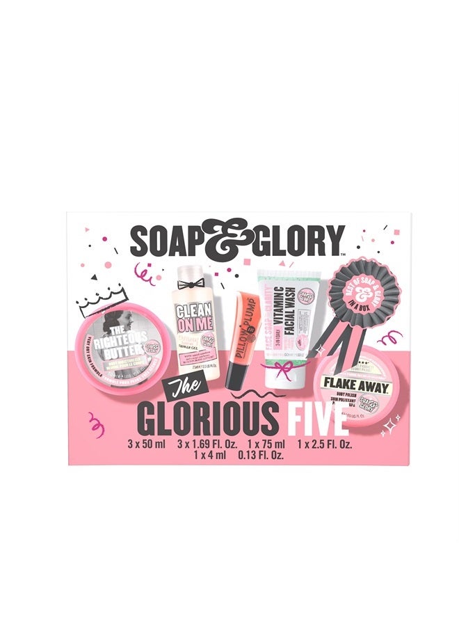 Soap & Glory The Glorious Five Gift Set - Righteous Butter Body Butter, Clean On Me Shower Gel, Flake Away Body Scrub, Vitamin C Face Wash, & Pillow Plumping Lip Gloss - Holiday Gift Sets  - Image 1
