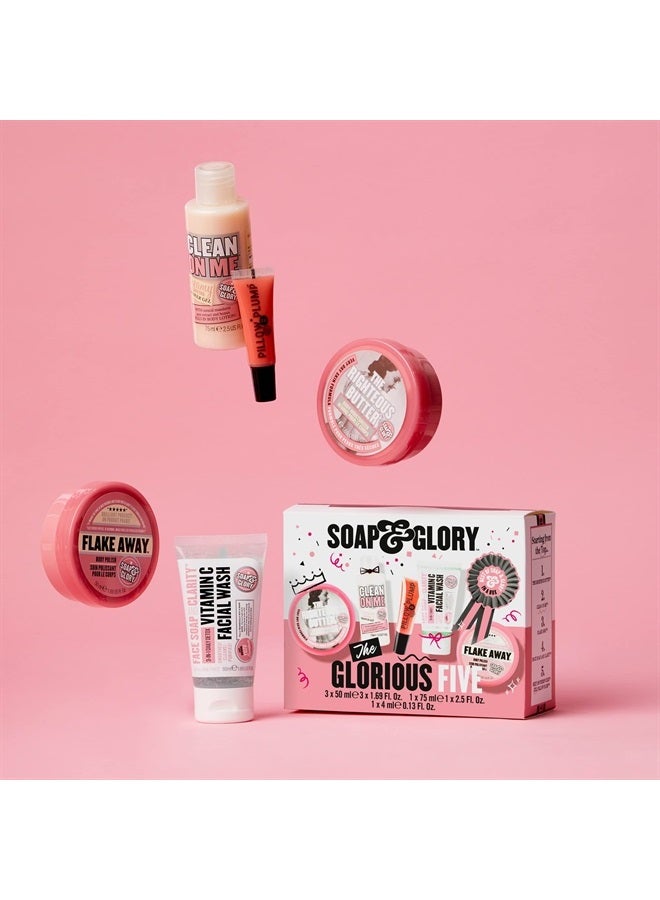Soap & Glory The Glorious Five Gift Set - Righteous Butter Body Butter, Clean On Me Shower Gel, Flake Away Body Scrub, Vitamin C Face Wash, & Pillow Plumping Lip Gloss - Holiday Gift Sets  - Image 2