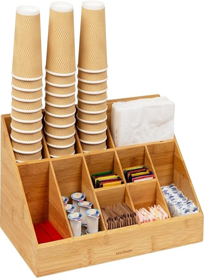 Mind Reader 11 Compartment Coffee Condiment Organizer, Brown Bamboo