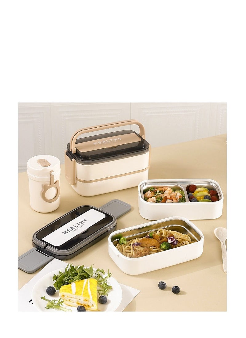 Healthy - Tableware Bento Box, Microwave Oven Heating, Heat Preservation, Double-layer Plastic Lunch Box, Food Grade Portable Student Lunch Box,SUS 304,With Tableware+Insulation Bag 1400ML - Image 1