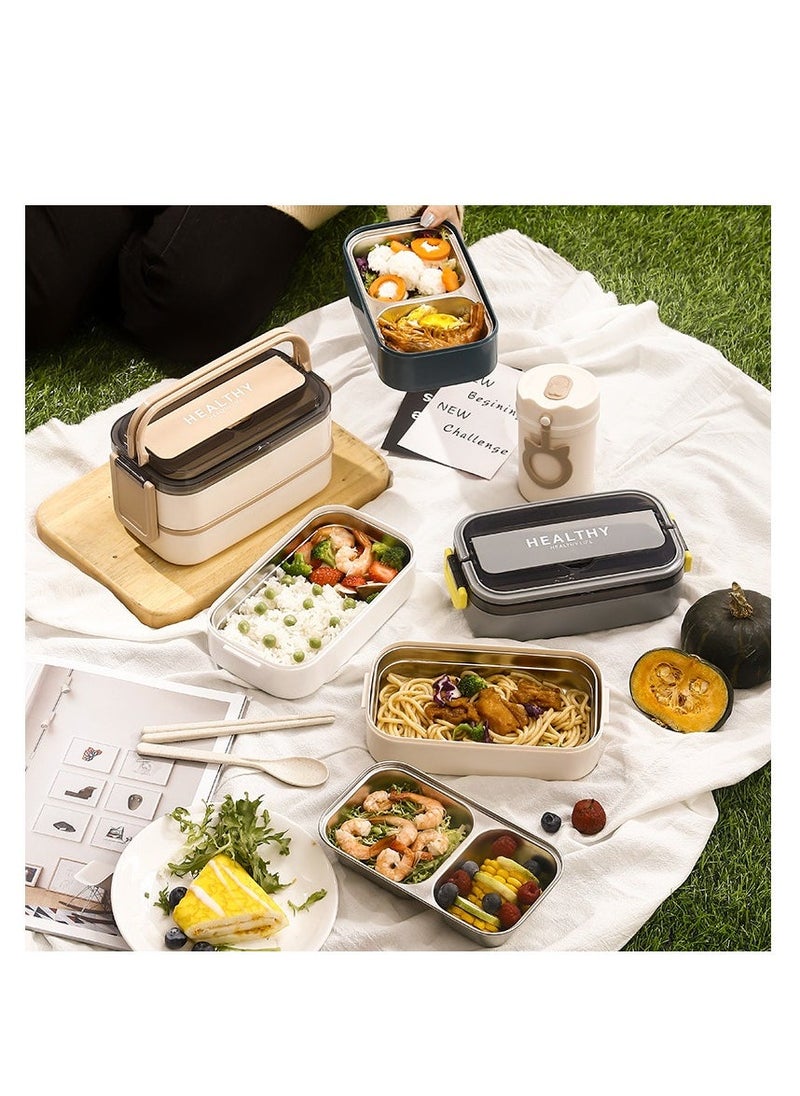 Healthy - Tableware Bento Box, Microwave Oven Heating, Heat Preservation, Double-layer Plastic Lunch Box, Food Grade Portable Student Lunch Box,SUS 304,With Tableware+Insulation Bag 1400ML - Image 1